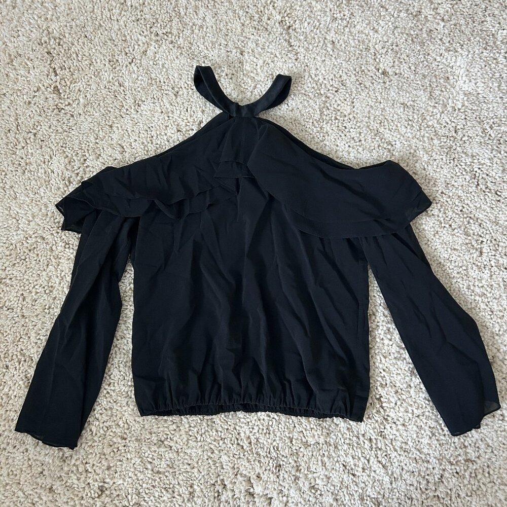Alice + Olivia Black Silk Chiffon Off-The-Shoulder Top